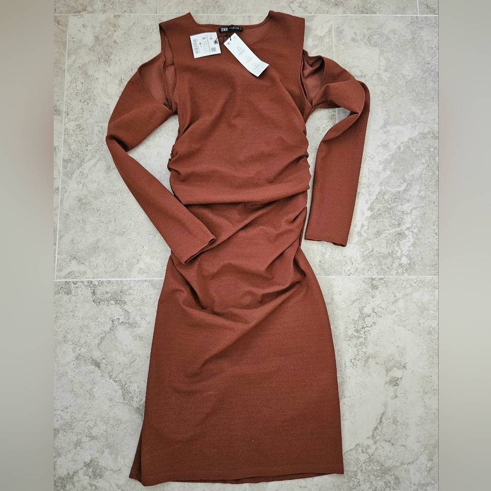 NWT,ZARA Terracota Cut Out Midi Ruched Dress Bodycon,Size S
